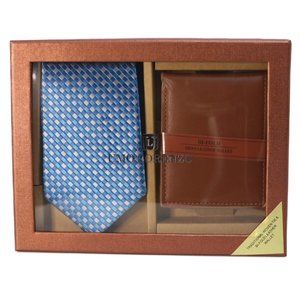 Traditional blue and white woven tie and bi-fold brown leather wallet